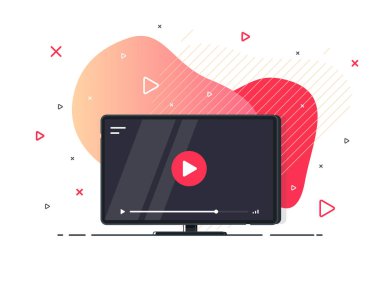 Video dersleri simgesi konsepti. Video konferansı ve giysi ikonu, internet ve video servisleri. Geometrik sıvı arka planda modern soyut vektör. Vektör İllüstrasyonu.