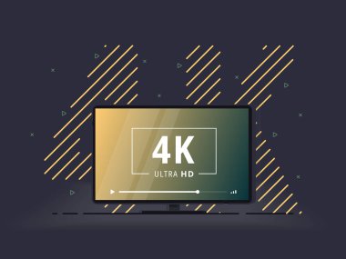 Televizyonda 4k Ultra Hd video teknolojisi var. Yüksek çözünürlüklü dijital teknoloji sembollü doğrusal arkaplanda televizyon görüntüsü. Vektör İllüstrasyonu.