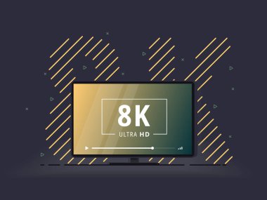 Televizyonda 8K Ultra Hd video teknolojisi var. Yüksek çözünürlüklü dijital teknoloji sembollü doğrusal arkaplanda televizyon görüntüsü. Vektör İllüstrasyonu.