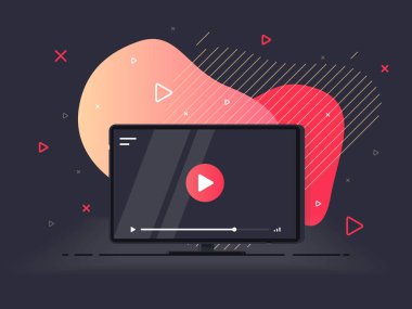 Video dersleri simgesi konsepti. Video konferansı ve giysi ikonu, internet ve video servisleri. Geometrik sıvı arka planda modern soyut vektör. Vektör İllüstrasyonu.