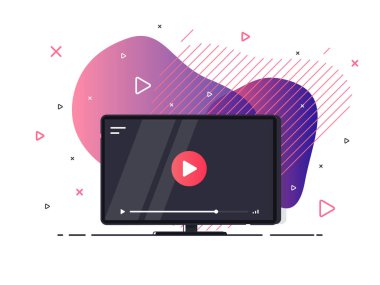 Video dersleri simgesi konsepti. Video konferansı ve giysi ikonu, internet ve video servisleri. Geometrik sıvı arka planda modern soyut vektör. Vektör İllüstrasyonu.