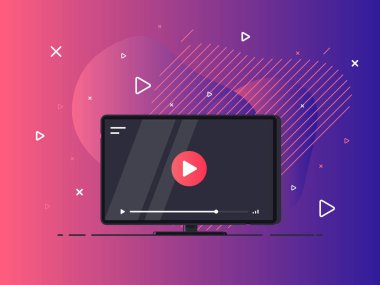 Video dersleri simgesi konsepti. Video konferansı ve giysi ikonu, internet ve video servisleri. Geometrik sıvı arka planda modern soyut vektör. Vektör İllüstrasyonu.