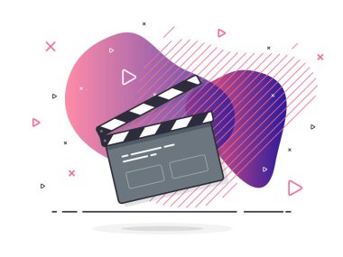 Film alkışlama tahtası ikonu konsepti. Film yapma cihazı, video film alkışlama ekipmanı. Geometrik sıvı arka planda modaya uygun düz vektör. Vektör İllüstrasyonu.