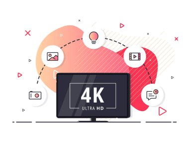4k Ultra Hd video teknolojisiyle akıllı ev kontrollü televizyon. İnternet, ev eğlence sistemi teknolojisi. Sıvı arkaplanda öncü televizyon görüntüsü.