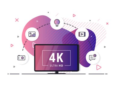 4k Ultra Hd video teknolojisiyle akıllı ev kontrollü televizyon. İnternet, ev eğlence sistemi teknolojisi. Sıvı arkaplanda öncü televizyon görüntüsü.