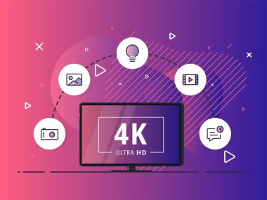 4k Ultra Hd video teknolojisiyle akıllı ev kontrollü televizyon. İnternet, ev eğlence sistemi teknolojisi. Sıvı arkaplanda öncü televizyon görüntüsü.