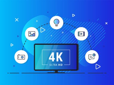 4k Ultra Hd video teknolojisiyle akıllı ev kontrollü televizyon. İnternet, ev eğlence sistemi teknolojisi. Sıvı arkaplanda öncü televizyon görüntüsü.