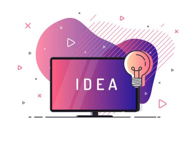 TV ekranlı ve ampullü bir fikir. Geometrik sıvı arka planda modaya uygun düz vektör. Vektör İllüstrasyonu.