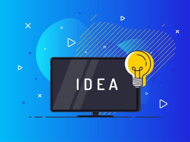TV ekranlı ve ampullü bir fikir. Geometrik sıvı arka planda modaya uygun düz vektör. Vektör İllüstrasyonu.
