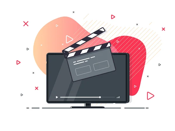 Alkış tahtası simgesi olan ekran TV. Geometrik sıvı arka planda modaya uygun düz vektör. Vektör İllüstrasyonu.