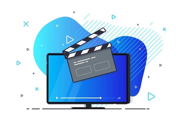 Alkış tahtası simgesi olan ekran TV. Geometrik sıvı arka planda modaya uygun düz vektör. Vektör İllüstrasyonu.