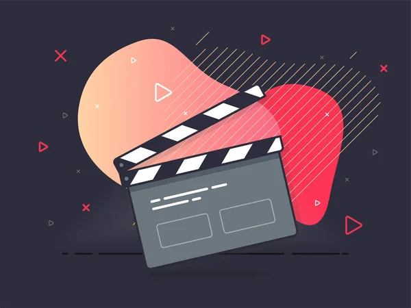 Film alkışlama tahtası ikonu konsepti. Film yapma cihazı, video film alkışlama ekipmanı. Geometrik sıvı arka planda modaya uygun düz vektör. Vektör İllüstrasyonu.