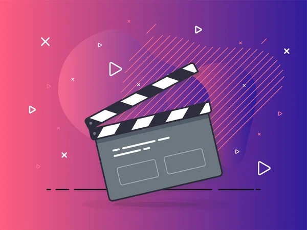 Film alkışlama tahtası ikonu konsepti. Film yapma cihazı, video film alkışlama ekipmanı. Geometrik sıvı arka planda modaya uygun düz vektör. Vektör İllüstrasyonu.