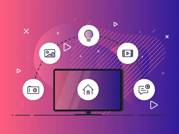 Pequeña Casa Pie Pantalla Televisión Conexiones Inalámbricas Con Iconos Dispositivos — Vector de stock