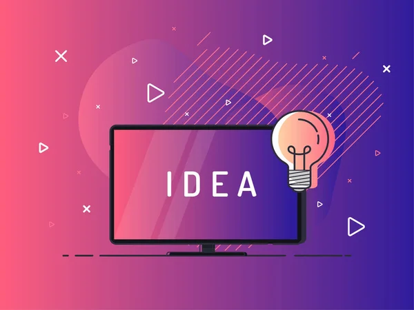 TV ekranlı ve ampullü bir fikir. Geometrik sıvı arka planda modaya uygun düz vektör. Vektör İllüstrasyonu.