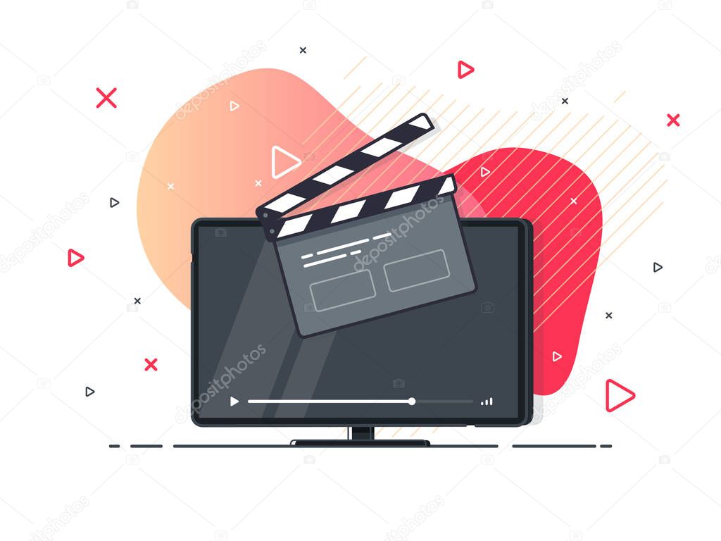 Screen tv with clapper board icon. Trendy flat vector on geometric liquid background. Vector Illustration.