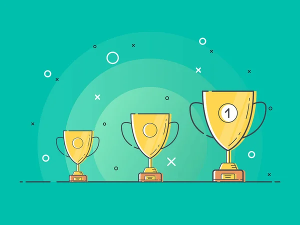 Set of standing golden trophy cups with one glowing. Trendy flat vector light bulb icons with concept of idea on green background. 