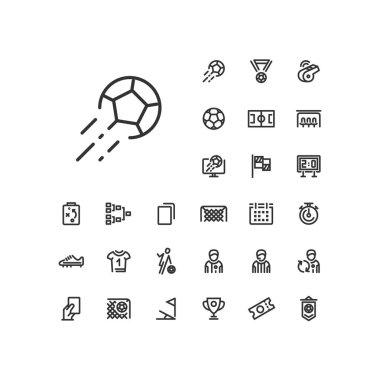 Beyaz arkaplanda tekme topu simgesi var. Web ve mobil uygulamalarda kullanılacak futbol / futbol lineer simgeleri.