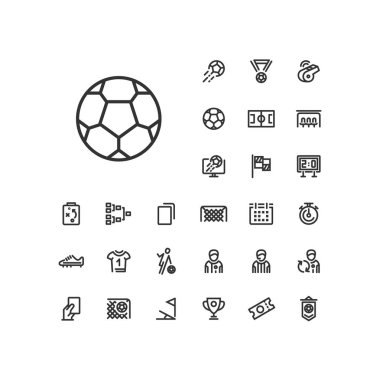 Beyaz arkaplanda futbol topu simgesi var. Web ve mobil uygulamalarda kullanılacak futbol / futbol lineer simgeleri.