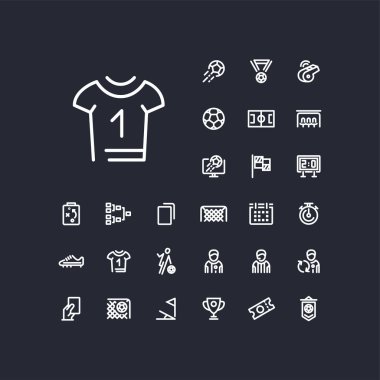 Siyah arkaplanda futbol tişörtü simgesi var. Web ve mobil uygulamalarda kullanılacak futbol / futbol lineer simgeleri.