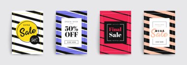 Satış broşürlerinin şablonları. Stripes tasarımı kapsıyor. Renkli kabarcık şekilleri kompozisyonu. Vektör arkaplanları. Kapaklar, pankartlar, posterler, el ilanları ve afişler için geçerlidir.
