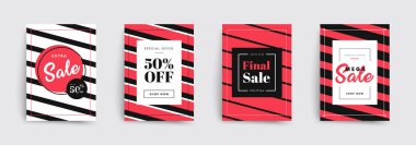 Satış broşürlerinin şablonları. Stripes tasarımı kapsıyor. Renkli kabarcık şekilleri kompozisyonu. Vektör arkaplanları. Kapaklar, pankartlar, posterler, el ilanları ve afişler için geçerlidir.