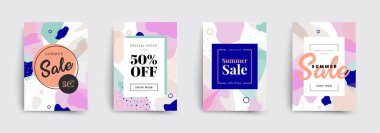 Satış broşürlerinin şablonları. Memphis tasarımı kapsıyor. Renkli kabarcık şekilleri kompozisyonu. Vektör arkaplanları. Kapaklar, pankartlar, posterler, el ilanları ve afişler için geçerlidir.