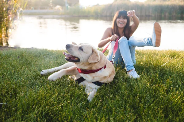 Young woman playing with Labrador dog — Stock Photo, Image