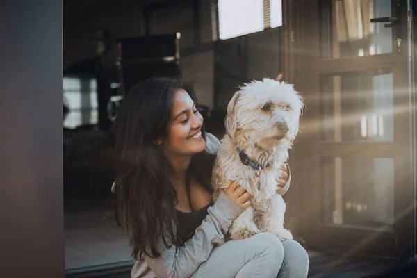 Attractive Woman Dog Sitting Terrace — Stock Photo, Image