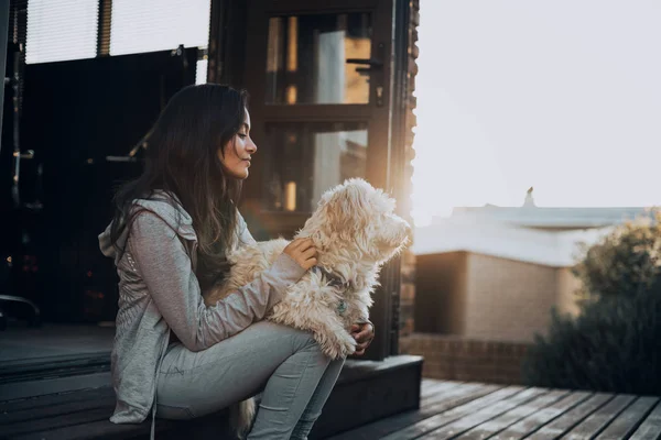 Attractive Woman Dog Sitting Terrace — Stock Photo, Image