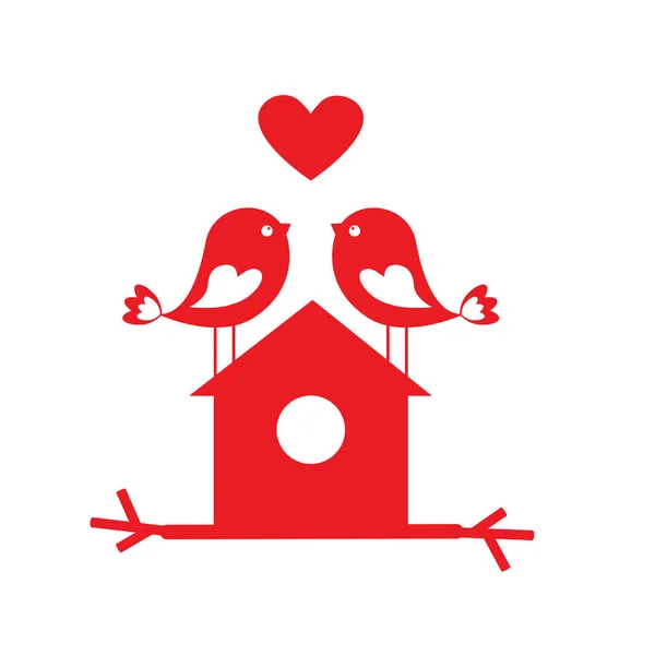 Pássaros bonitos no amor e na casa de pássaros - cartão para o dia dos namorados — Vetor de Stock
