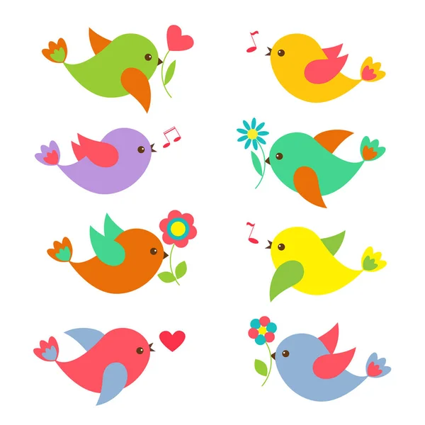 Oiseaux printaniers colorés avec des fleurs — Image vectorielle