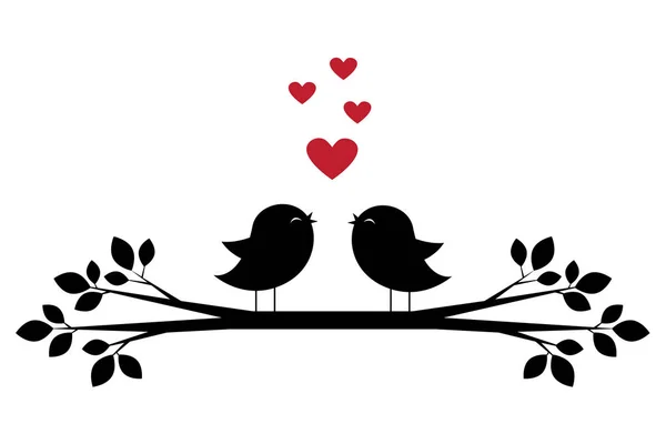 Силуэты милых птиц поют и красные сердца — стоковый вектор