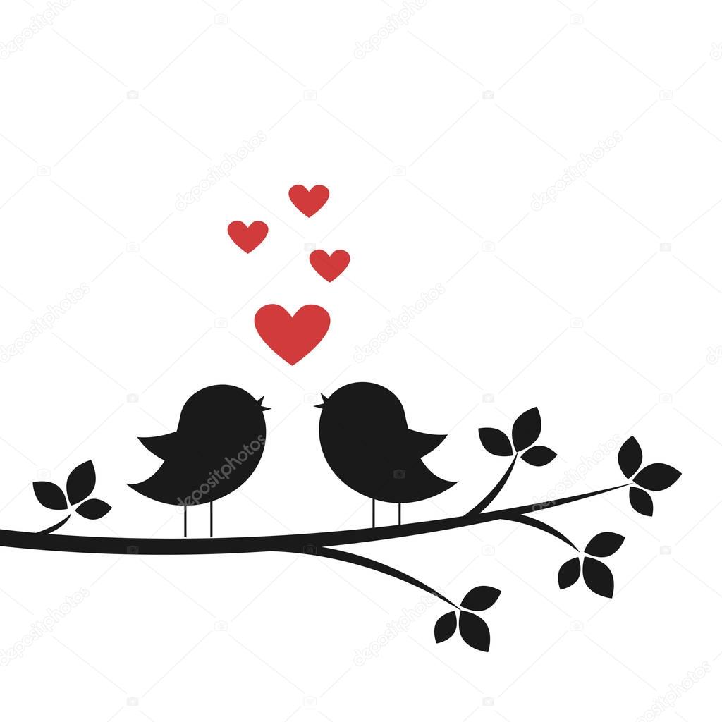 Silhouettes cute birds sing in Love. Stylish card for Valentine day. Vector illustration