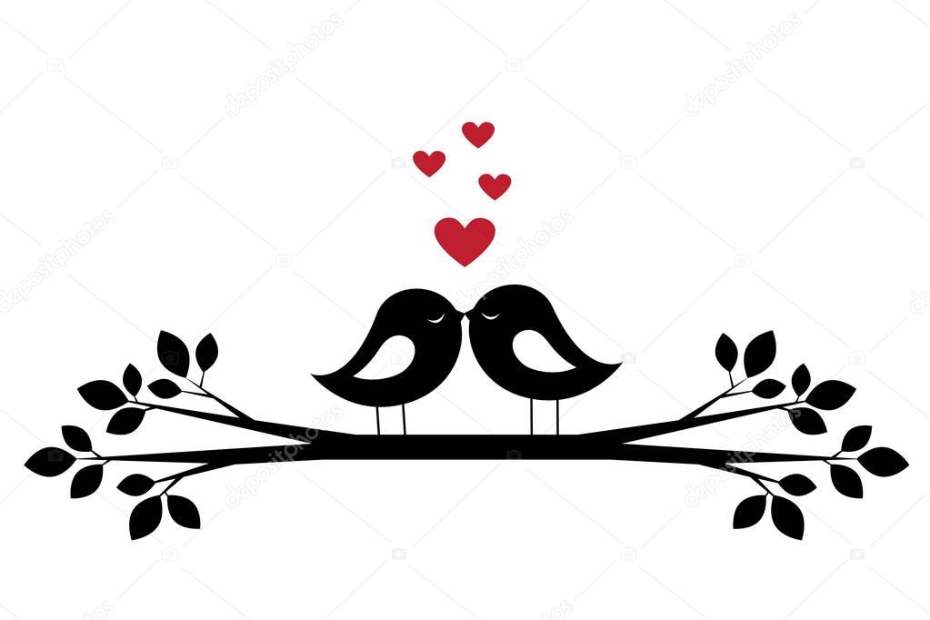 Silhouettes cute birds kiss and red hearts. Stylish card for Valentine day. Vector illustration