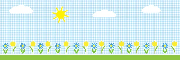 Fond horizontal vectoriel avec soleil, nuages et fleurs — Image vectorielle