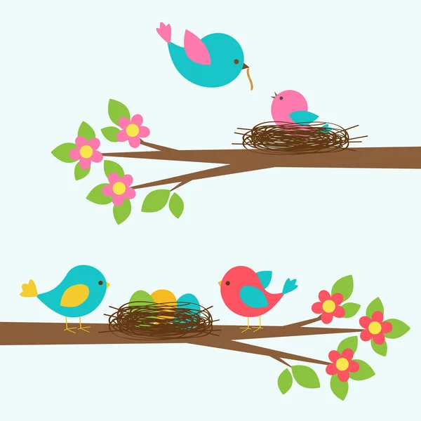 Δύο χαριτωμένα οικογένειες πουλιών στο ανθισμένο κλαδί δέντρου — Διανυσματικό Αρχείο