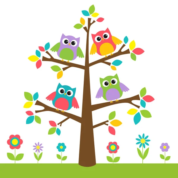 Niedliche Eulen auf buntem Baum und Blumen — Stockvektor
