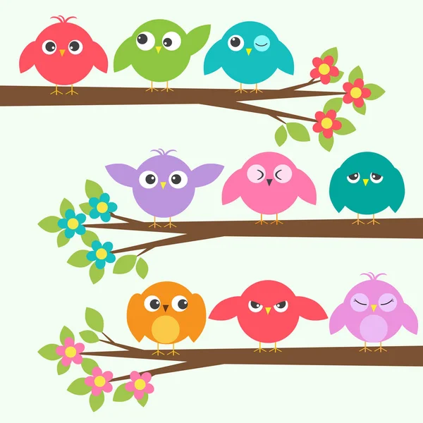 Set van cute vogels met verschillende emoties op bloeiende tak tre Rechtenvrije Stockillustraties