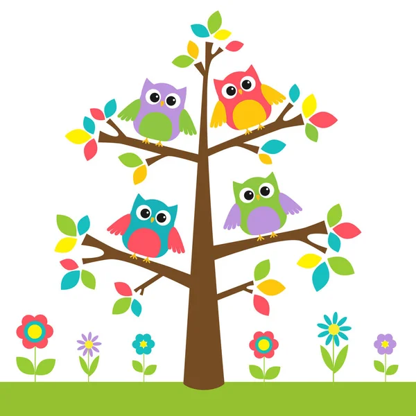 Lindos búhos en árbol colorido y flores — Vector de stock