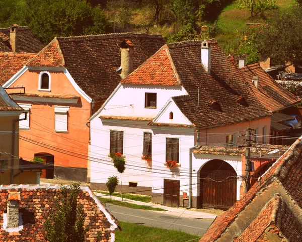 Köyün Biertan Transilvanya Tipik Evlerde Köyde Müstahkem Kilise Yaklaşık 1100 — Stok fotoğraf