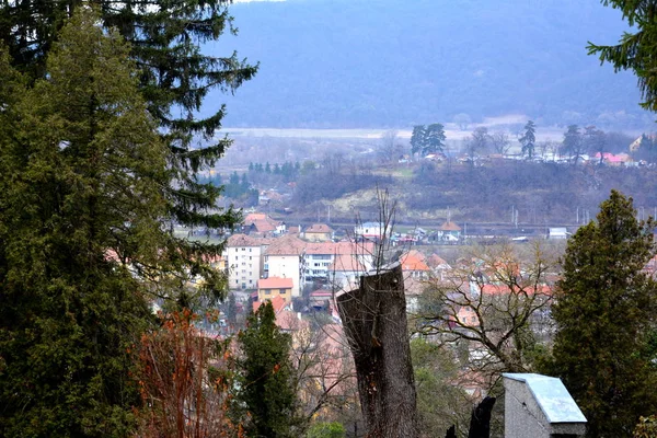 Flygfoto. Medeltida saxiska staden Sighisoara, Transsylvanien, Rumänien — Stockfoto