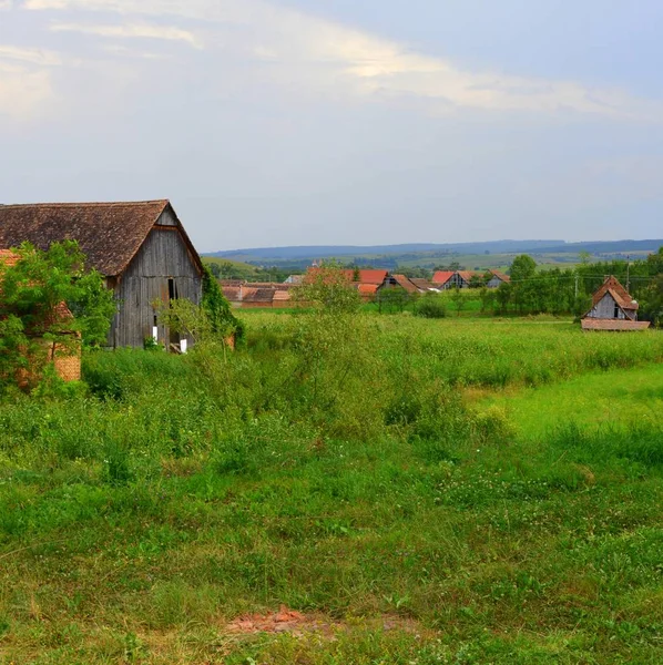 Paysage rural typique et maisons de campagne à Dealu Frumos, Schoenberg, Transylvanie, Roumanie — Photo