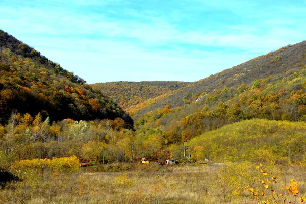 秋にはトランシルヴァニアの森の中で典型的な風景 ルーマニアのバナトにあるOravitaとAninaの間の鉄道 — ストック写真