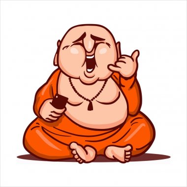 Çizgi film vektör çizim. Sokak sanatı iş ya da sopa ile komik karakter. Mutlu Buda oturur ve gülüyor, bir akıllı telefon elinde tutuyor ve bir jest çağrı bana gösterir.