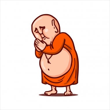 Çizgi film vektör çizim. Sokak sanatı iş ya da sopa ile komik karakter. Buda katlanmış dua eller, yay ve gözleri kapalı.