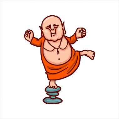 Çizgi film vektör çizim. Sokak sanatı iş ya da sopa ile komik karakter. Buda kapalı gözler ve taşlar üzerinde Dengeleme uygulamaları yoga meditasyon.