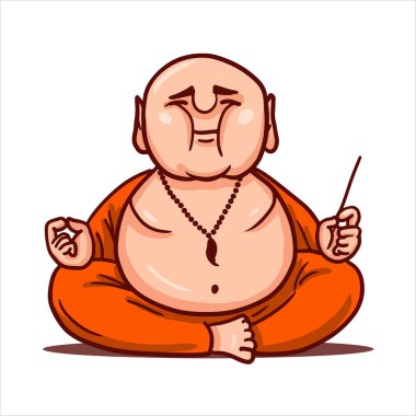 Çizgi film vektör çizim. Sokak sanatı iş ya da sopa ile komik karakter. Sakin Buda yoga uygulamaları, bir lotus pozisyonda oturuyor, bir tütsü elinde tutar ve derin derin düşünür.