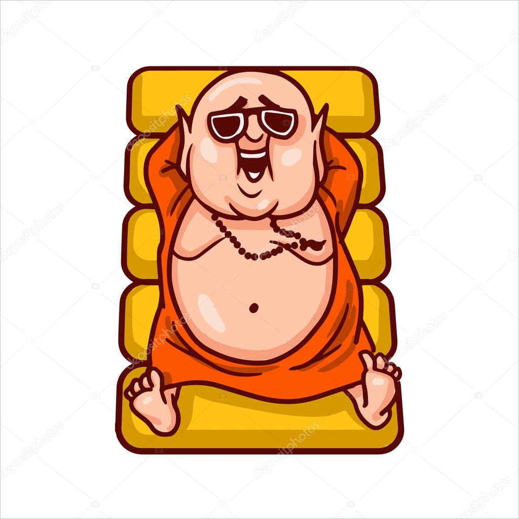 Cartoon vector illustration. Street art work or sticker with funny character. Funny Buddha in sunglasses lies on an inflatable mattress, smiles and tans.