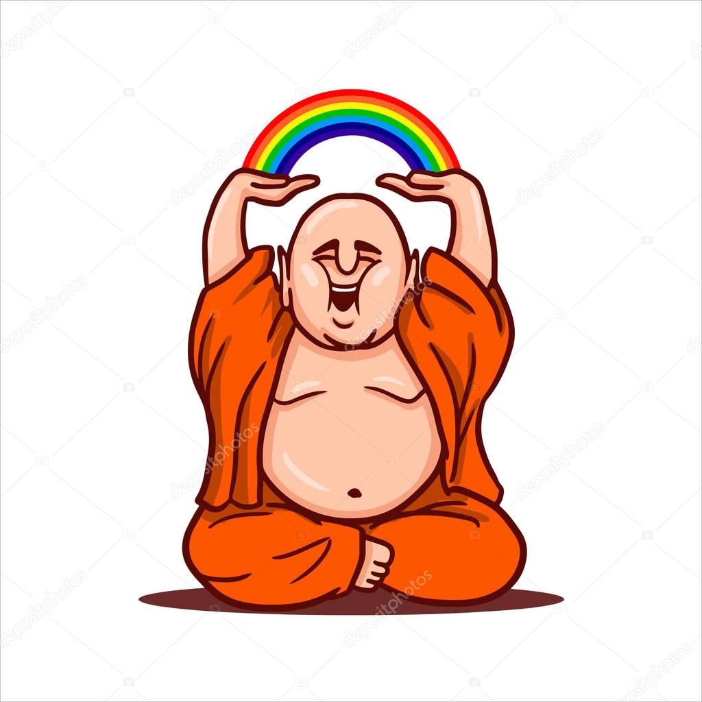 Cartoon vector illustration. Street art work or sticker with funny character. Funny Buddha sits in a lotus position, smiles and holds a rainbow over his head.